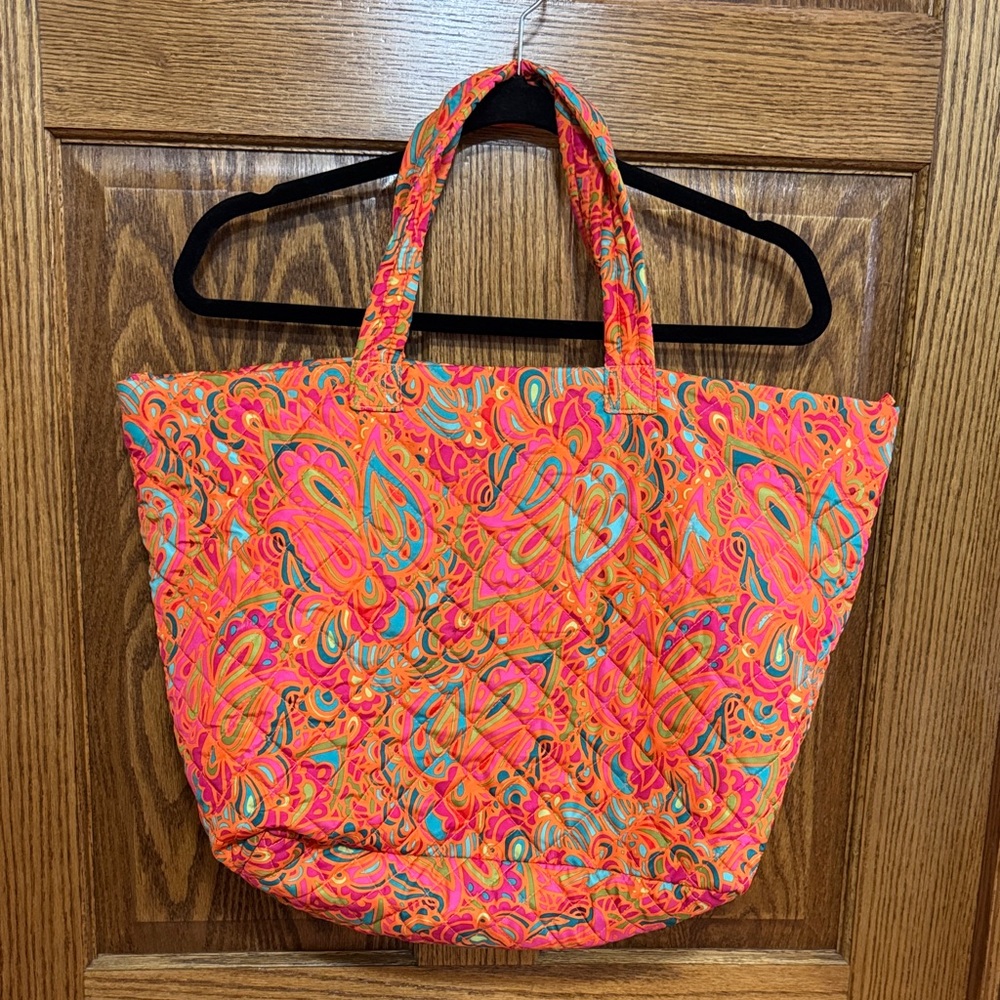 Bright Pink Quilted Tote Bag with Multicolor Paisley Print
